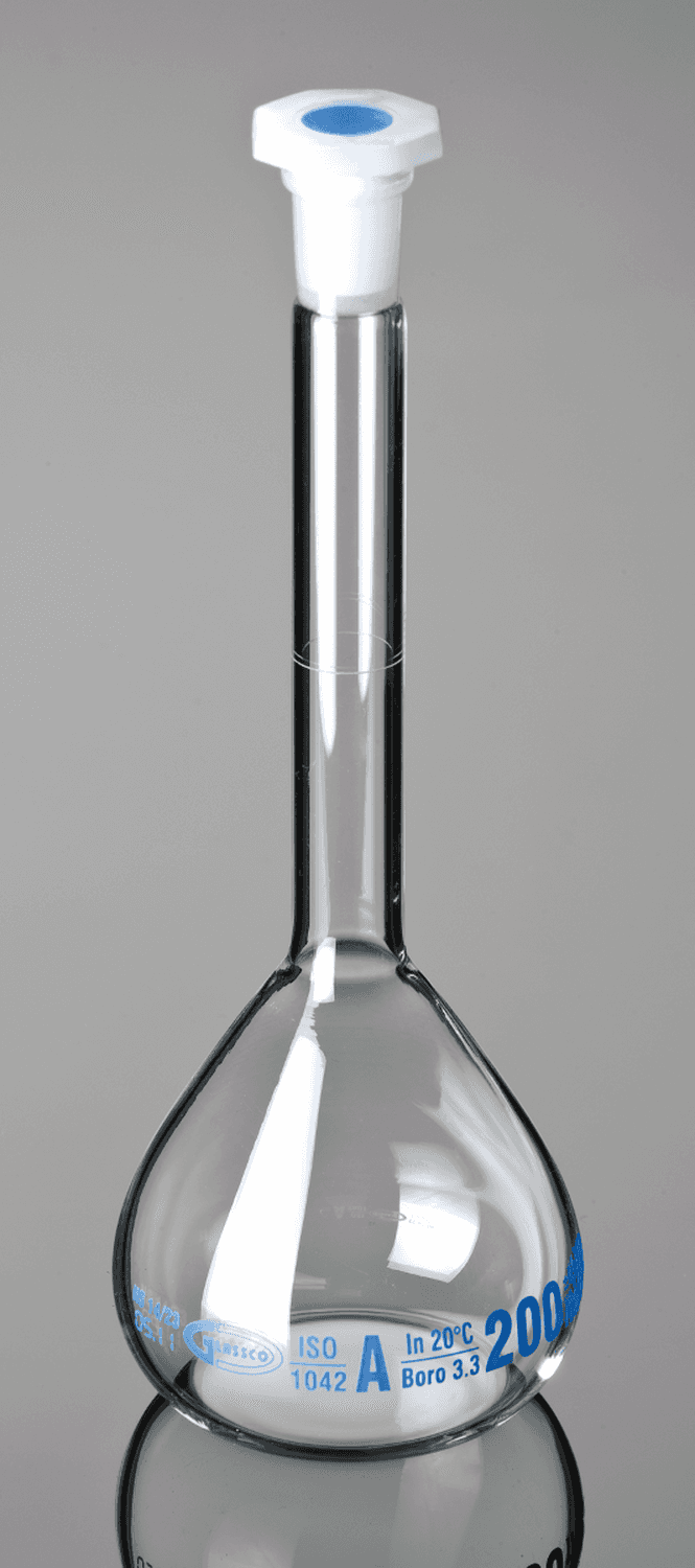 Fiole jaugée en verre Glassco classe A col rodé avec bouchon en polyéthylène