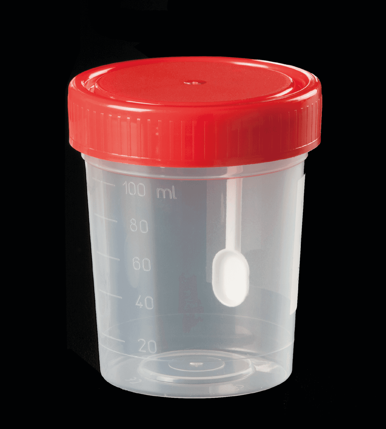 Pot pour coprologie 120ml en polypropylène gradué cape à vis rouge avec spatule