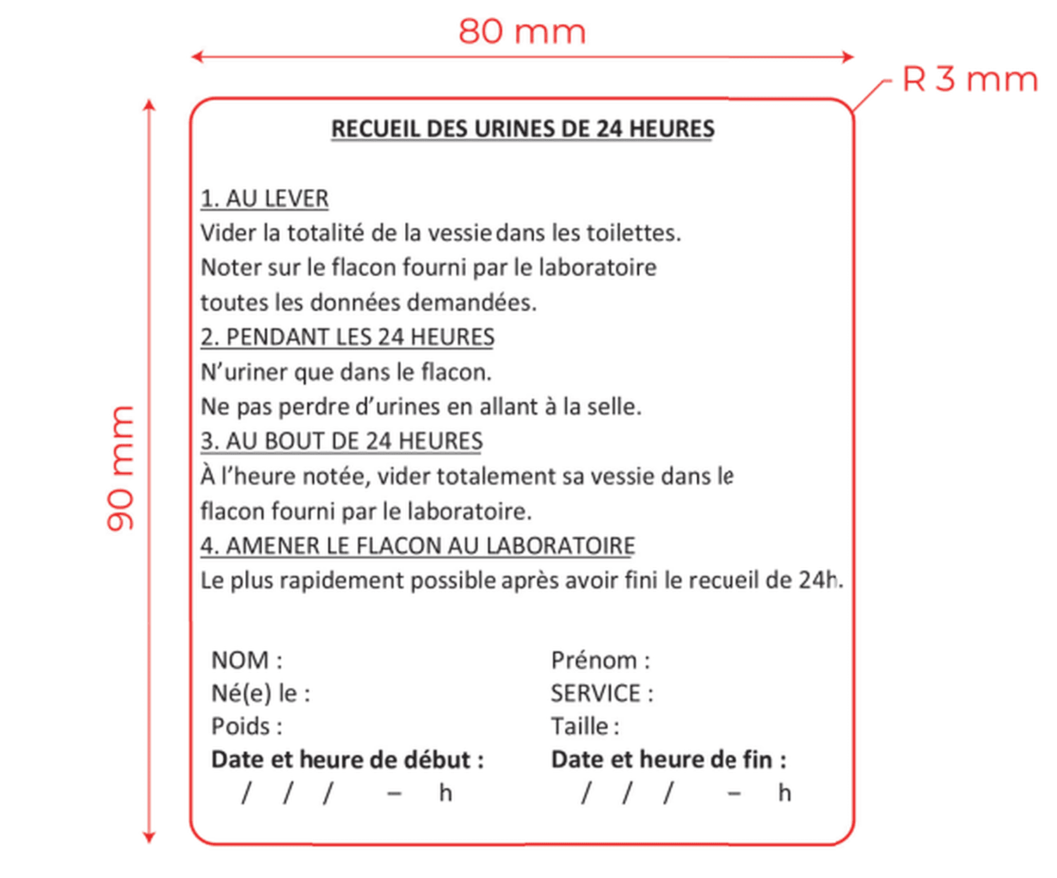 Etiquette avec protocole de recueil pour urines 24h 90x80mm blanche