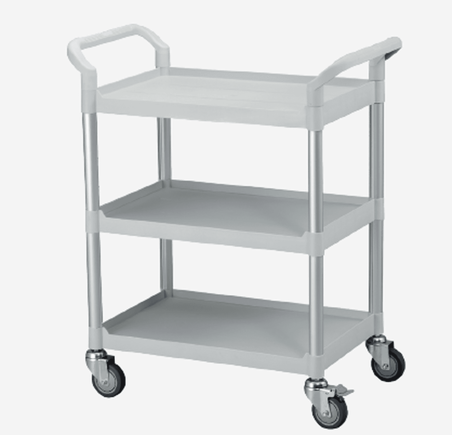 Chariot polyvalent 3 plateaux plastique renforcé, montant aluminium, roulettes 100mm dont 2 avec frein, gris clair, 800 x 480 x 1000mm (LxPxH)