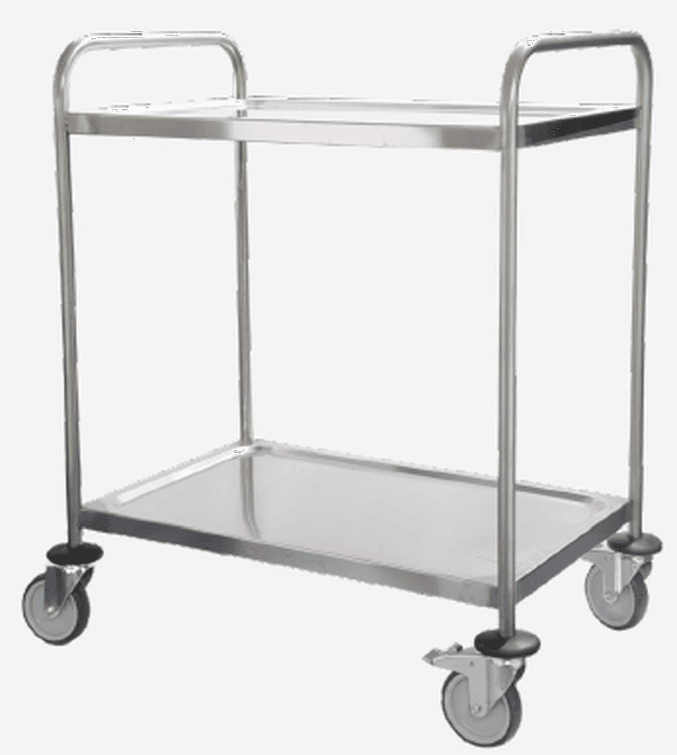 Chariot de manutention 2 plateaux, inox, roulettes 125mm à butoirs dont 2 avec frein, 880 x 580 x 1015mm (LxPxH)