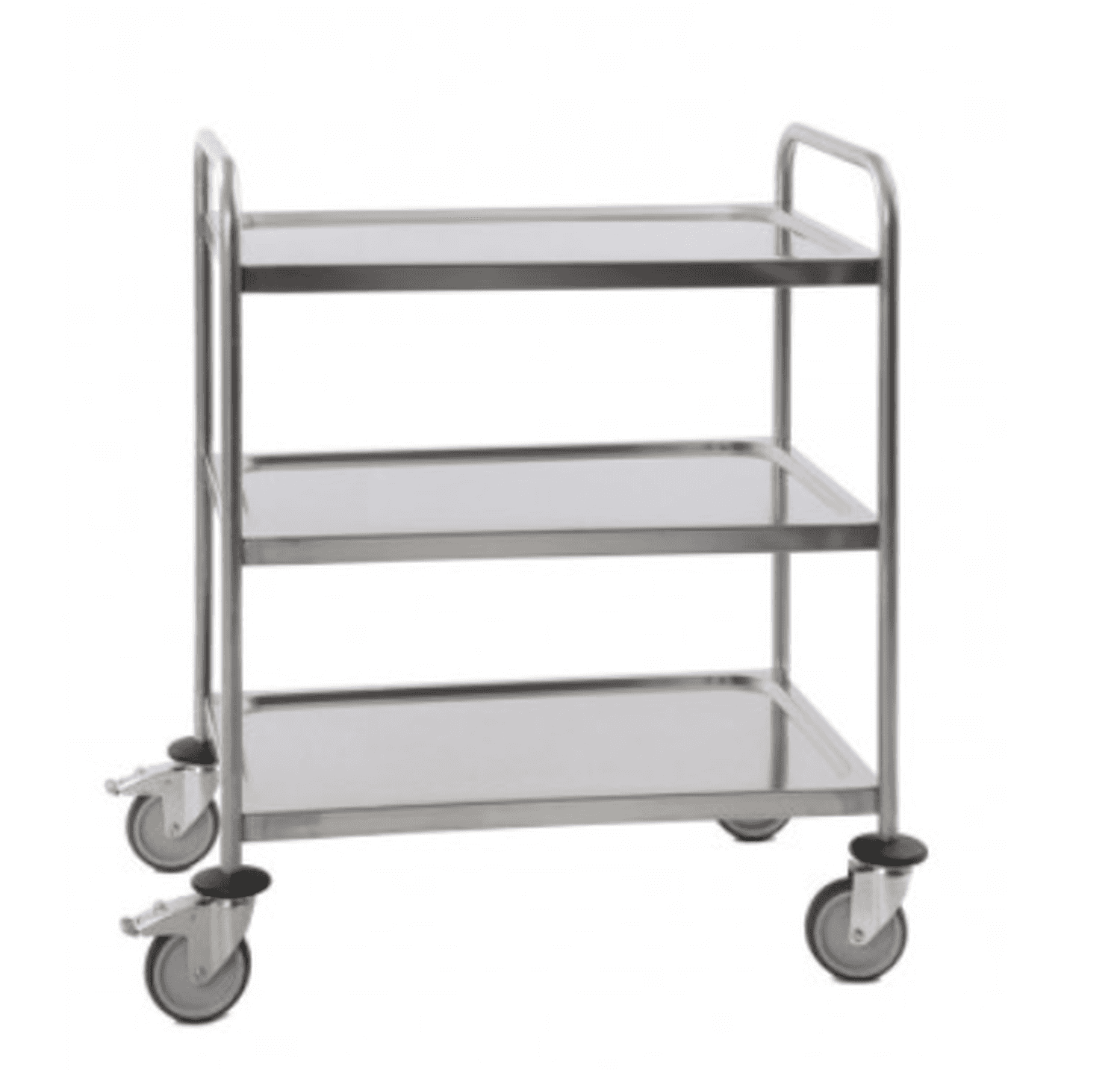 Chariot de manutention 3 plateaux, inox, roulettes 125mm à butoirs dont 2 avec frein, 880 x 580 x 1015mm (LxPxH)
