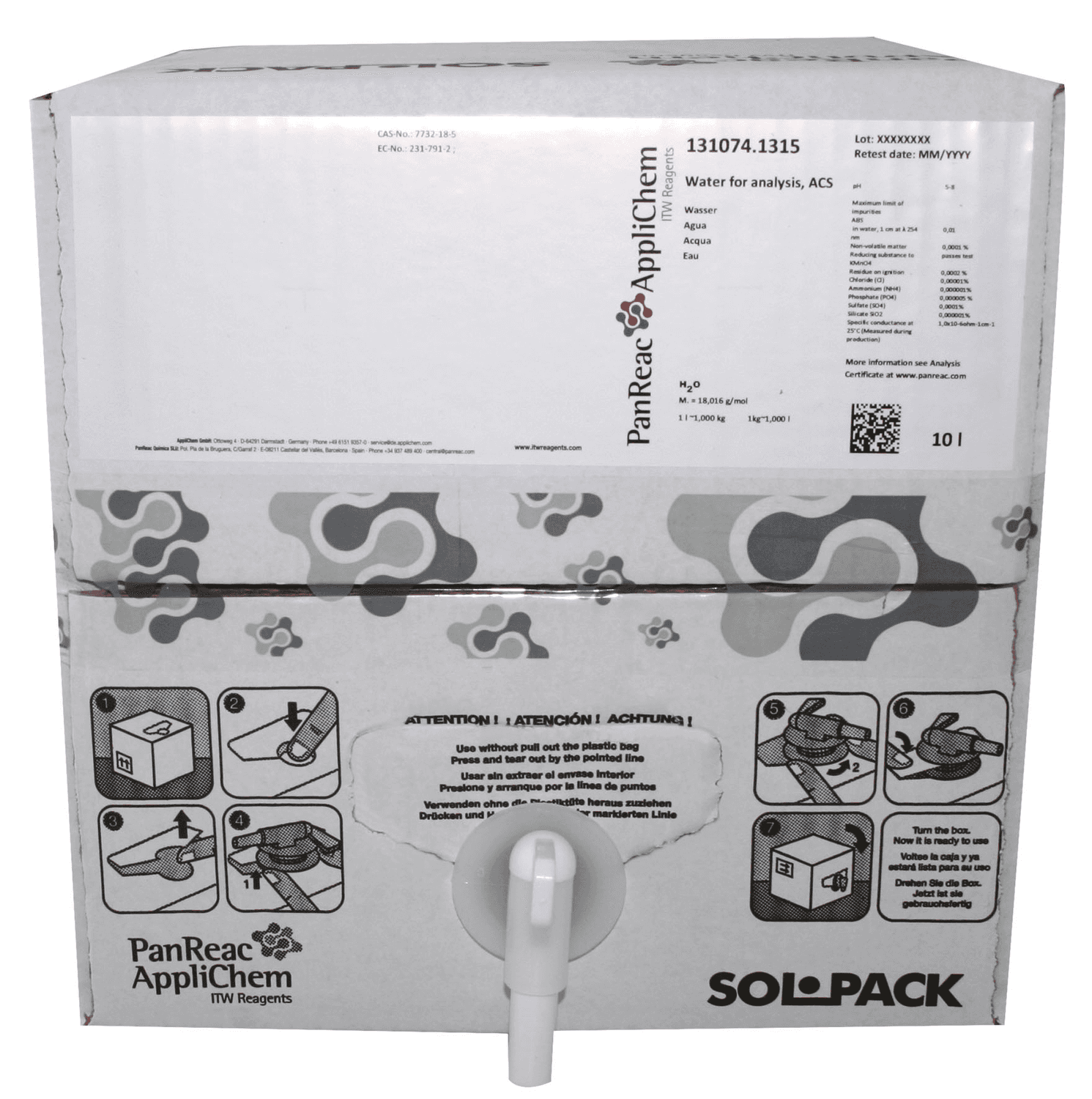 Eau purifiée pour analyses Panreac, 10L