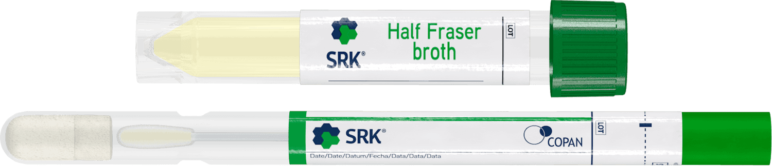 Ecouvillon floqué standard FLOQSwabs® dans 1 tube pour prélèvement de surface SRK™ 1ml + bouillon HF (Half Fraser) 10ml, tube 16x100mm, emballage unitaire pour détection de Listeria spp