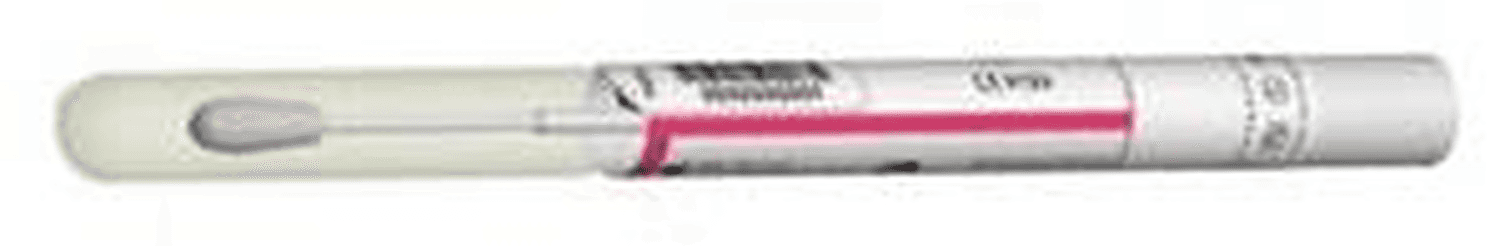 Ecouvillon floqué FLOQSwabs™ tige plastique bouton nylon pour auto-prélèvement vaginal, point casse 60mm en tube unitaire avec code-barre détachable stérile