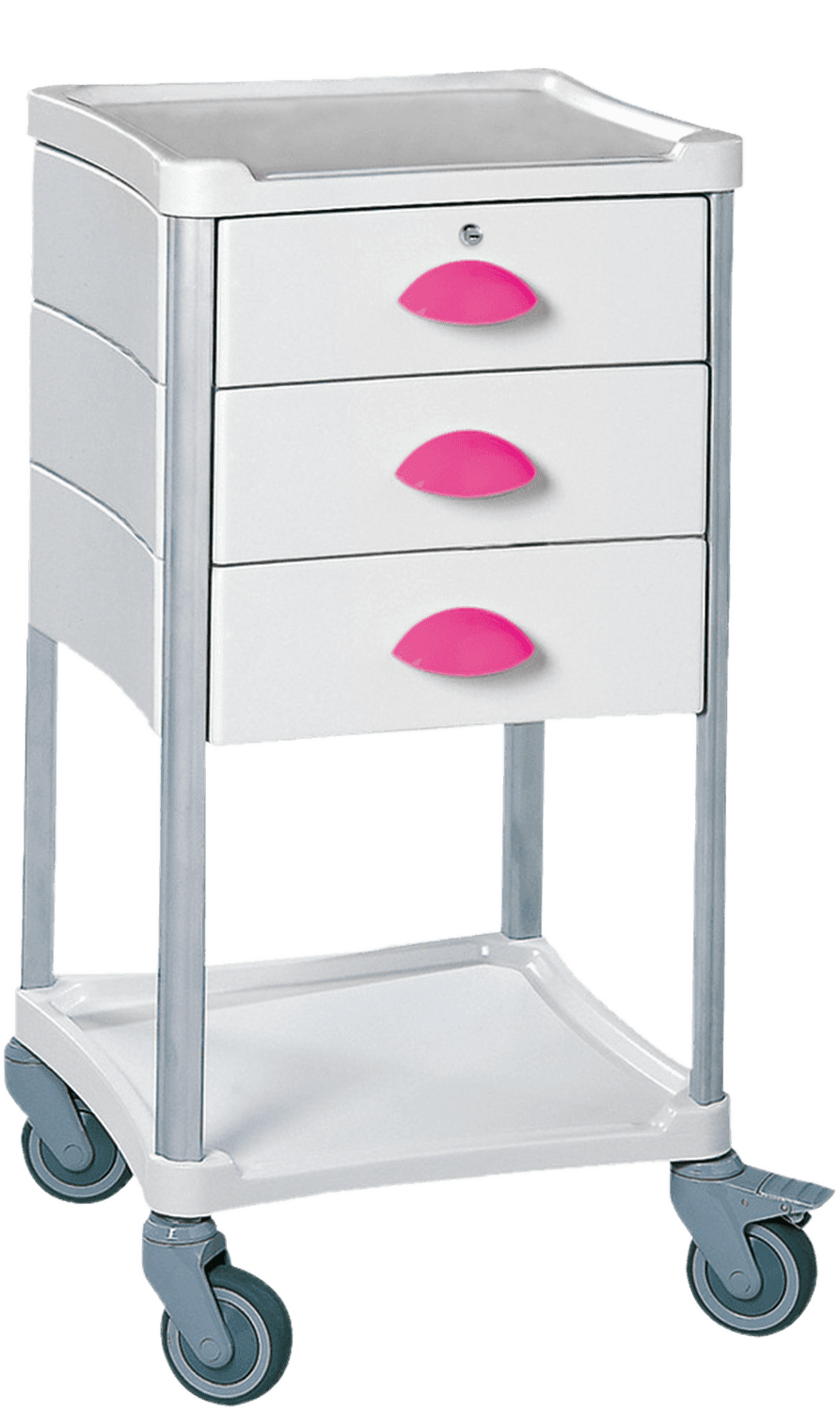 Guéridon Résine®, aluminium, 2 plateaux, 3 tiroirs 100mm (H), serrure, PVC, poignée fuschia, roulettes, 500 x 500 x 985mm (LxPxH)