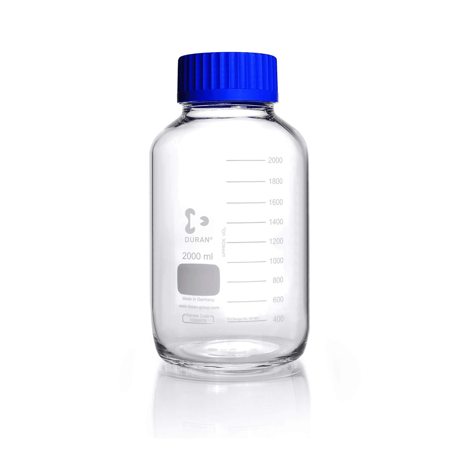 Flacon en verre Duran® 2L gradué col large GL80 avec bouchon à vis et bague de déversement en polypropylène