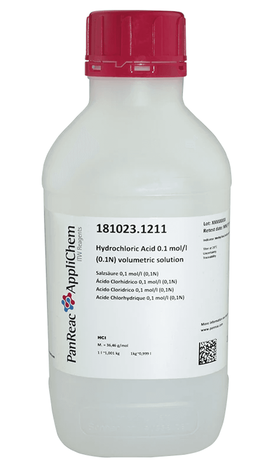 Acide chlorhydrique 0,1mol/L (0,1N) Panreac, flacon en polyéthylène, 1L