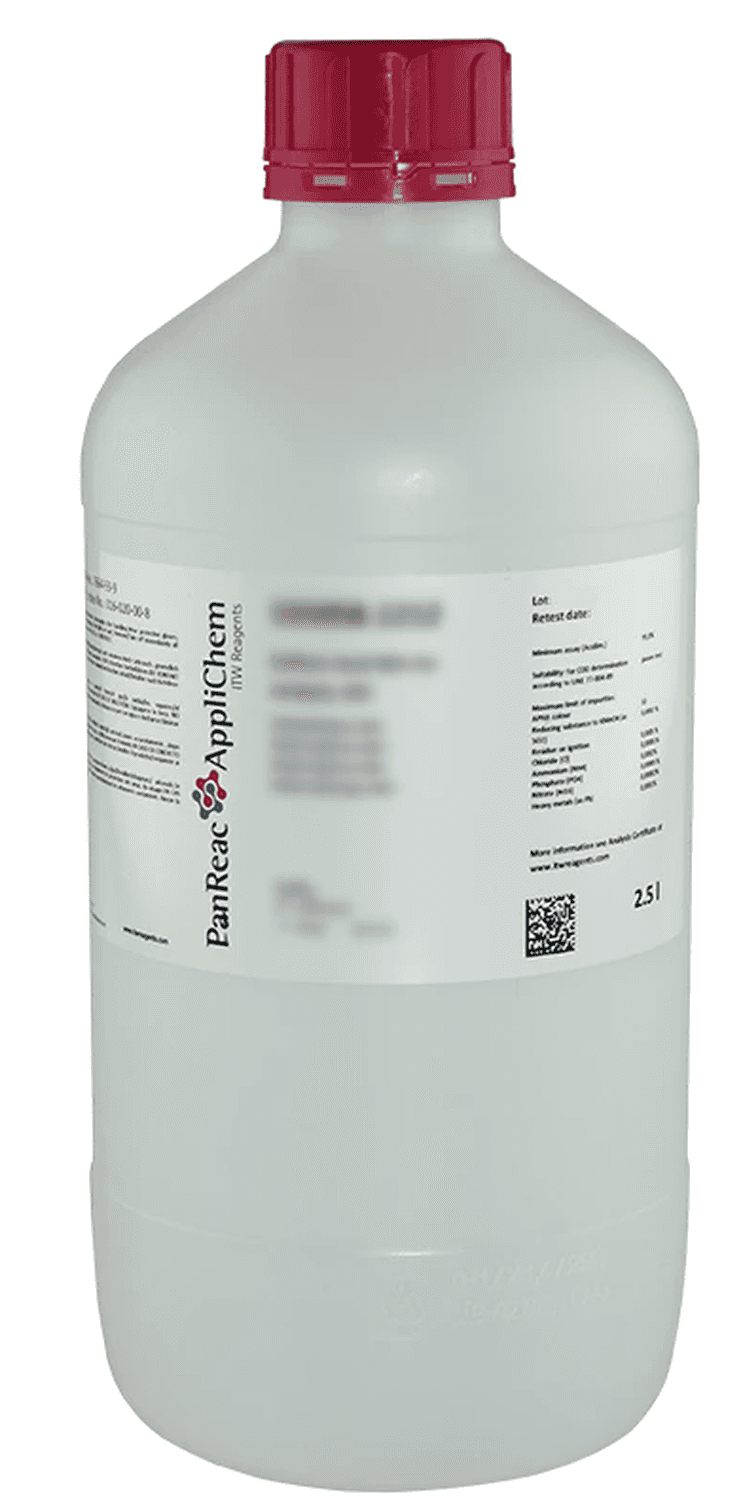 Acide acétique 100% (glacial) pour analyses ACS, ISO, Ph.Eur. Panreac, flacon en polyéthylène, 2,5L