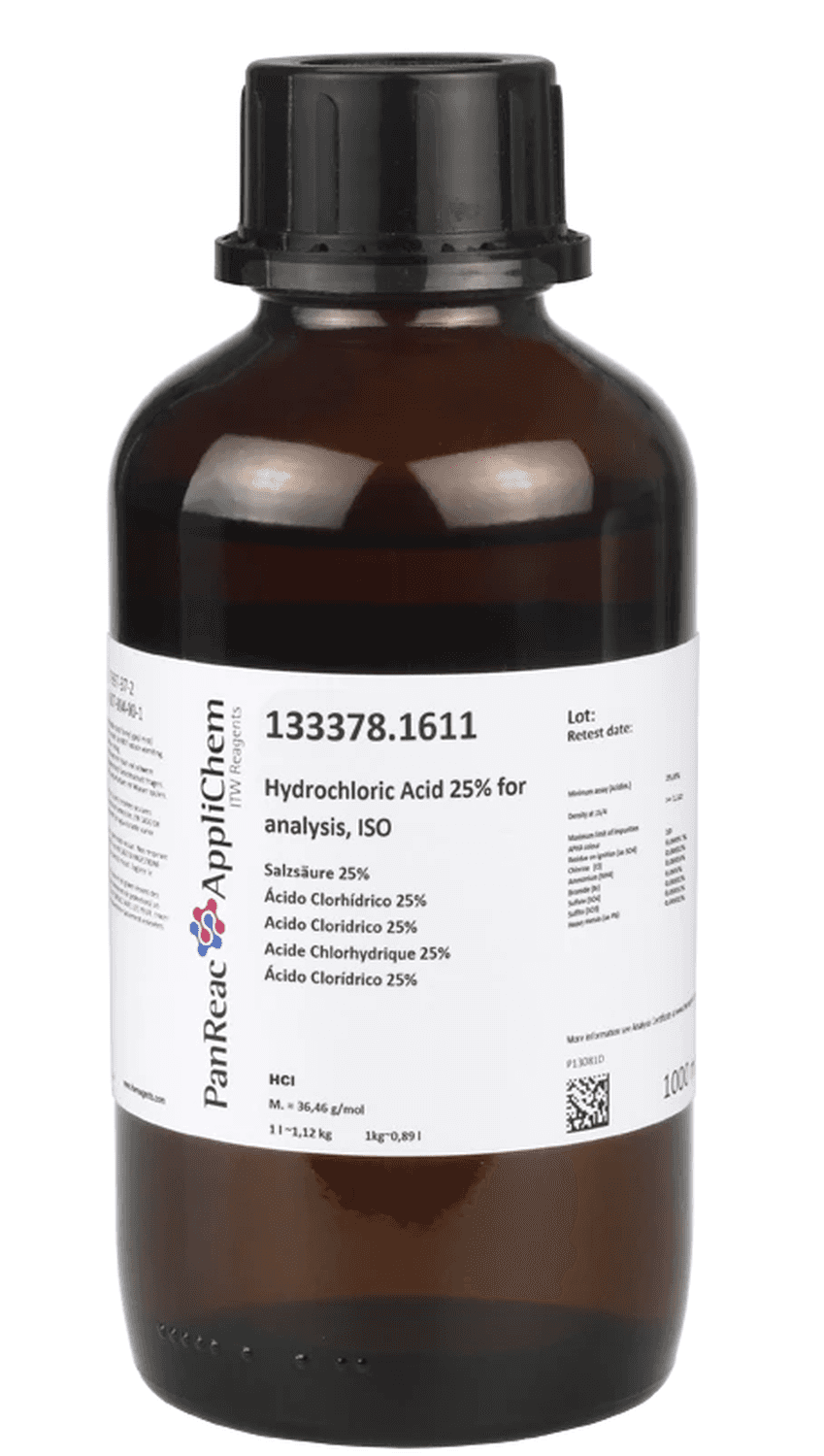 Acide chlorhydrique 25% pour analyses ISO Panreac, flacon en verre, 1L