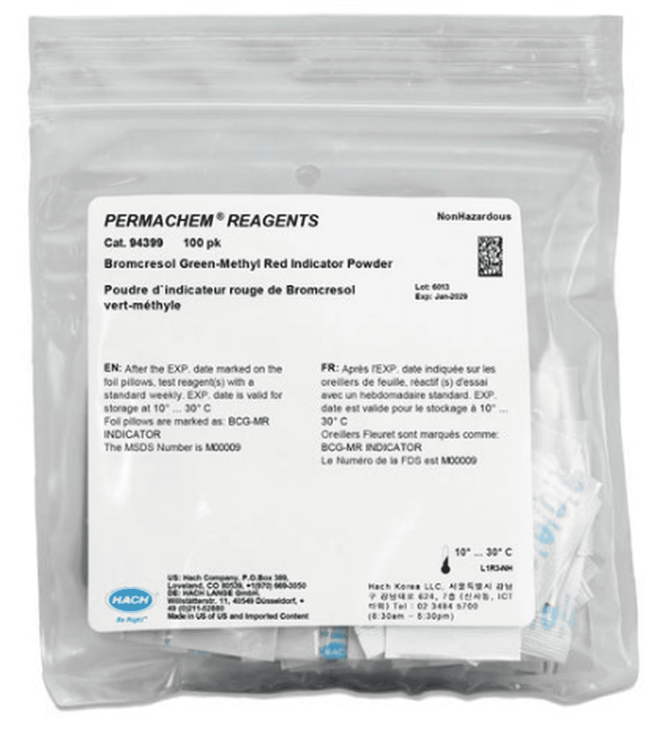Réactif indicateur Vert de Bromcrésol - Rouge de Méthyl Hach, sachets de poudre