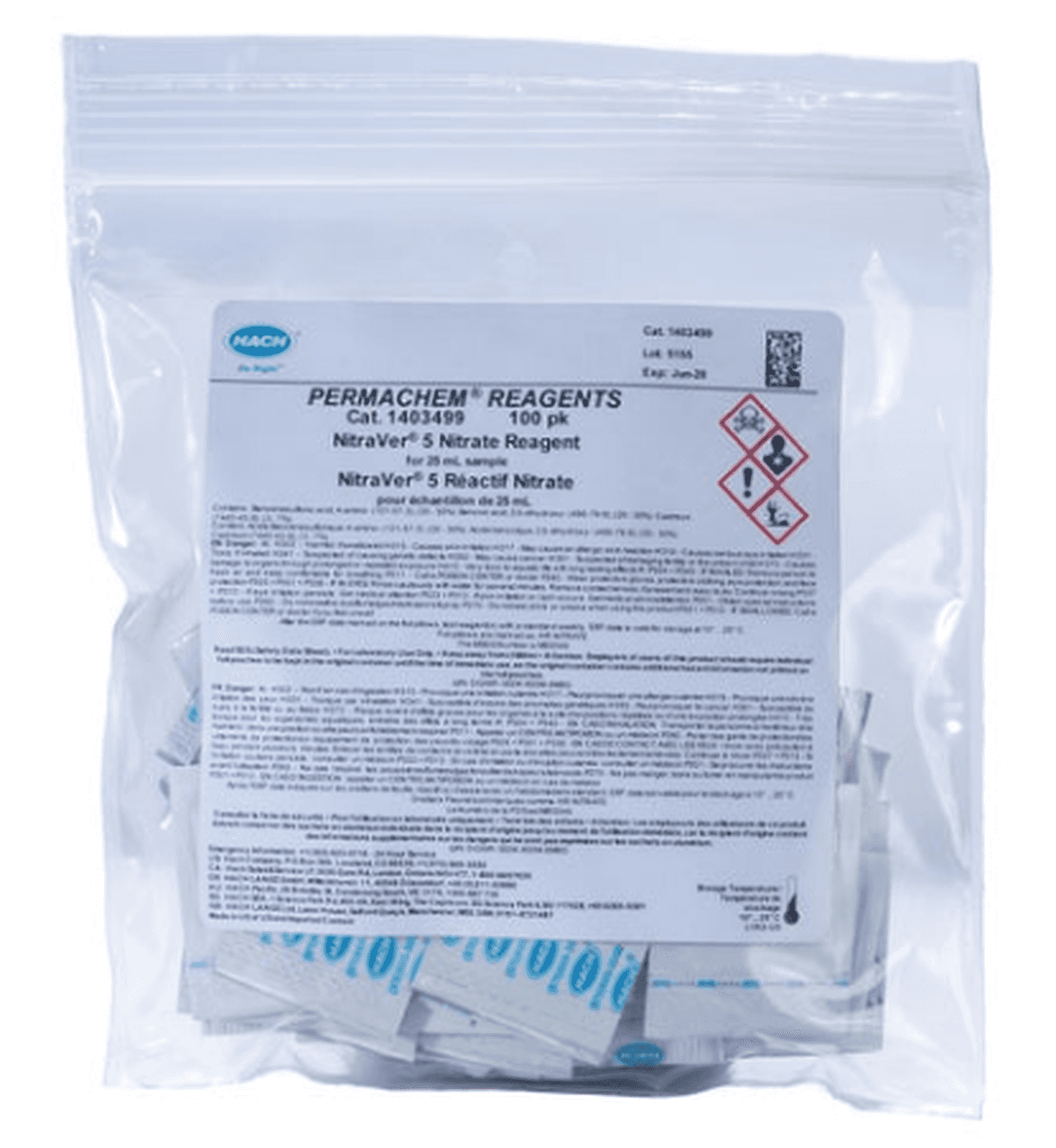 Réactif NitraVer 5 pour Nitrates 0,1 à 10mg/L NO3-N Hach, sachets de poudre