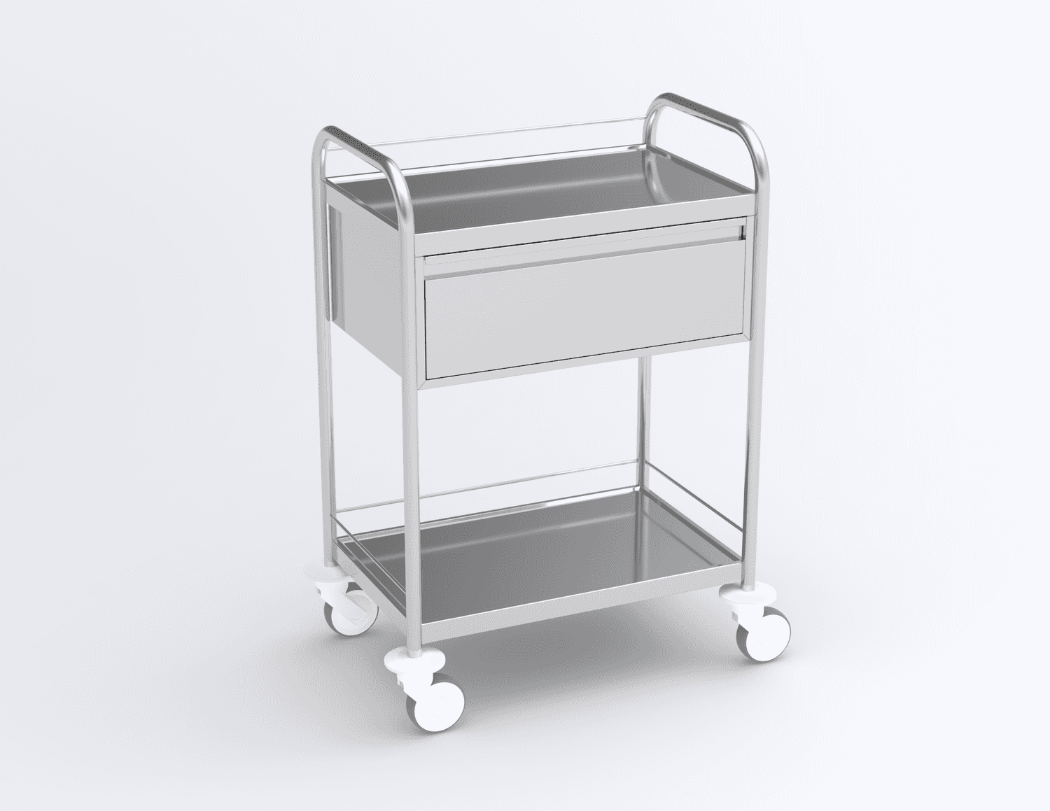 Guéridon inox 2 plateaux, bords relevés, 600x400mm avec poignées avec quatre galeries et un tiroir en inox (540x380x180mm)