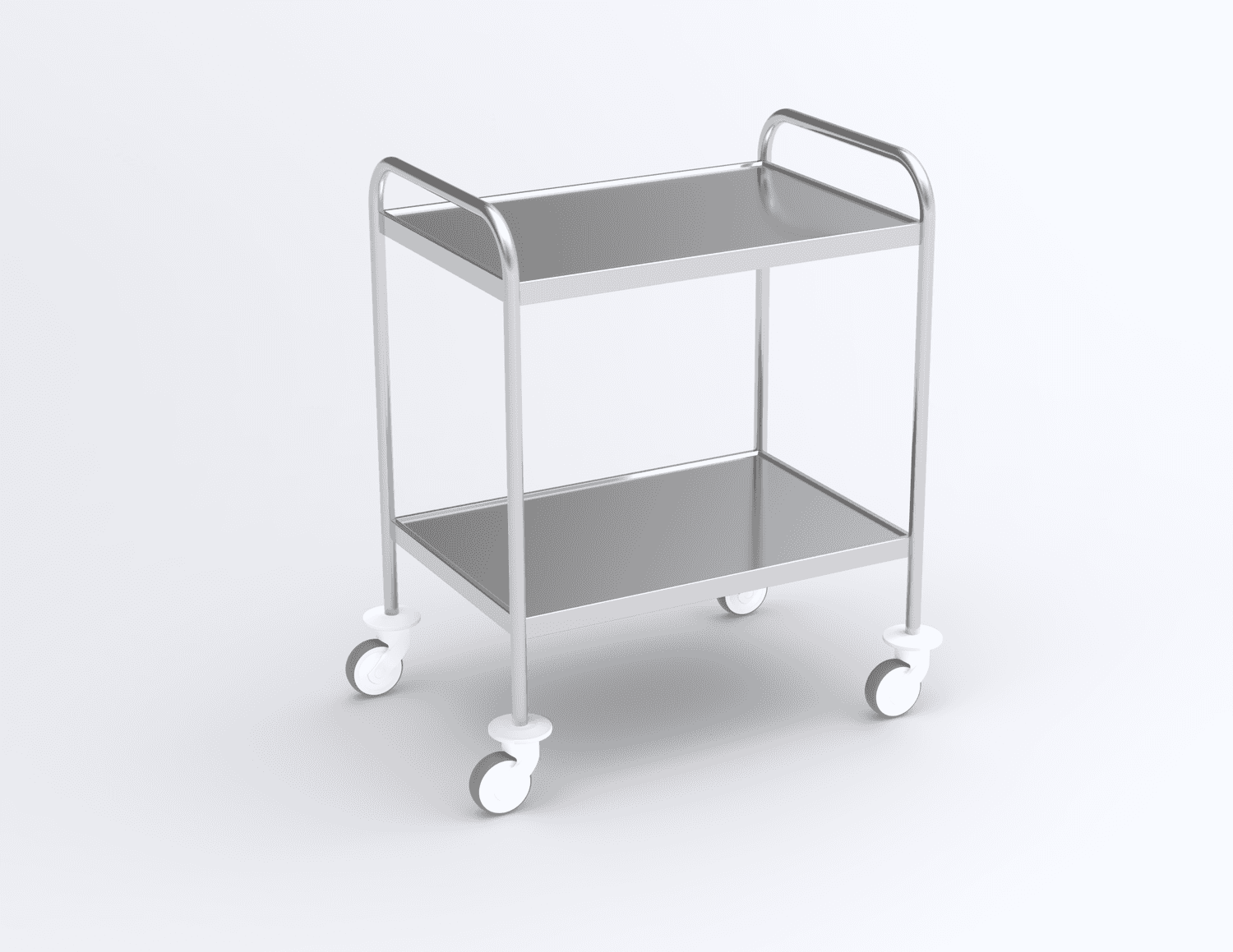 guéridon 2 plateaux inox, bords relevés, bâti tube poli, roulettes diam 100mm, 750 x 500 x 960mm (lxpxh)