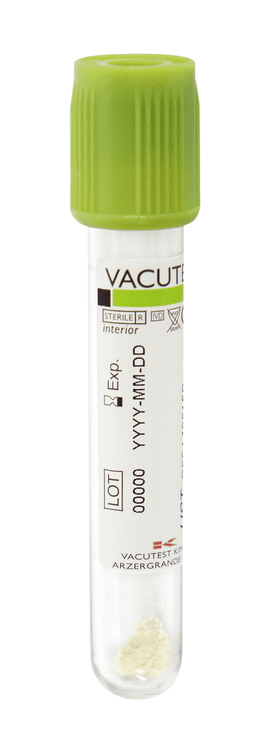 Tube sous vide Vacutest® en PET pour urine avec stabilisateur haute solubilité (à base d'acide borique) bouchon vert kaki stérile