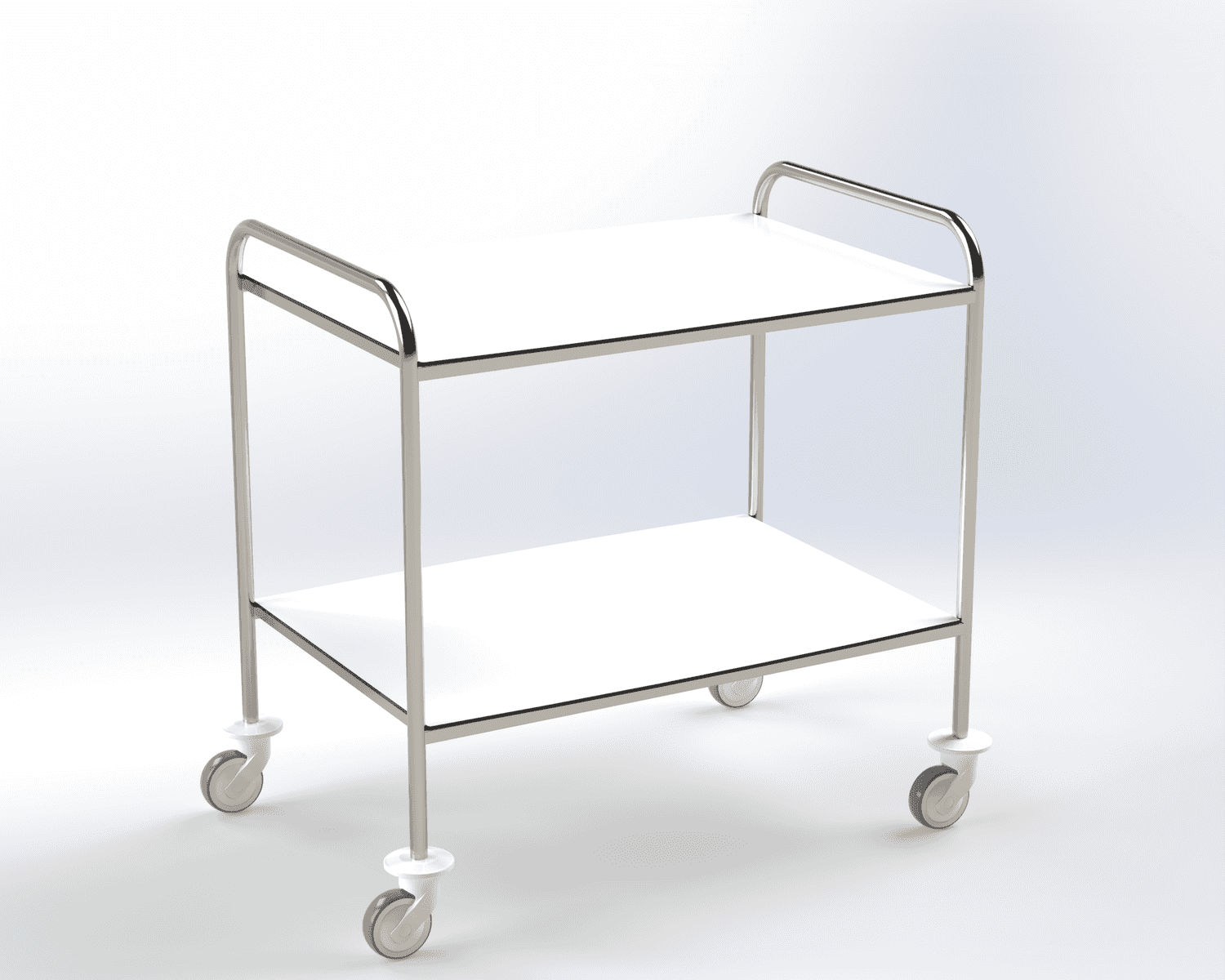 Guéridon 2 plateaux résine, bâti tube poli, roulettes diam 100mm, 900 x 600 x 960mm (LxPxH)