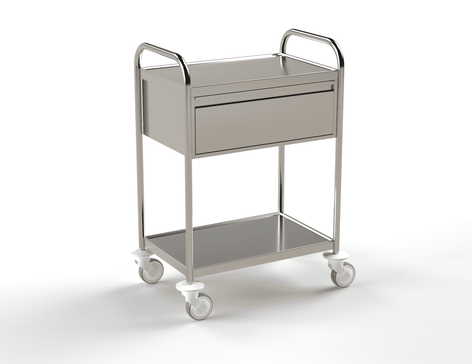 Guéridon 2 plateaux inox, bords relevés, 600x400mm avec poignées et un tiroir en inox