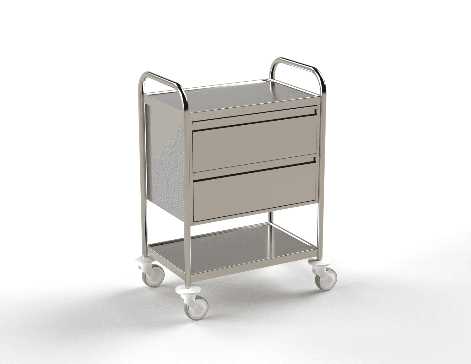 Guéridon 2 plateaux inox, bords relevés, 600x40mm0 avec poignées et deux tiroirs en inox