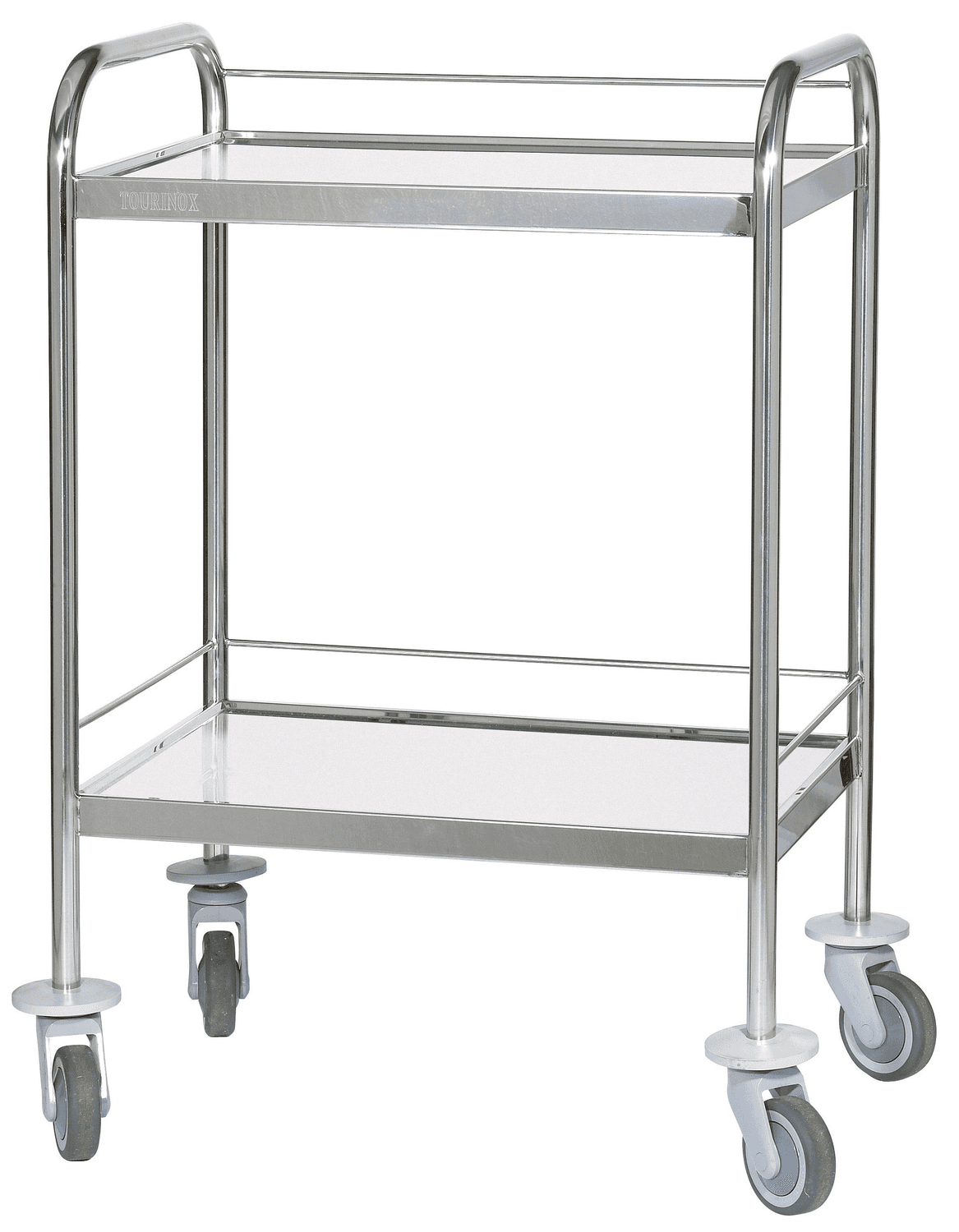 Guéridon 2 plateaux inox avec poignées, bords relevés, avec galeries, dimension 600x400cm