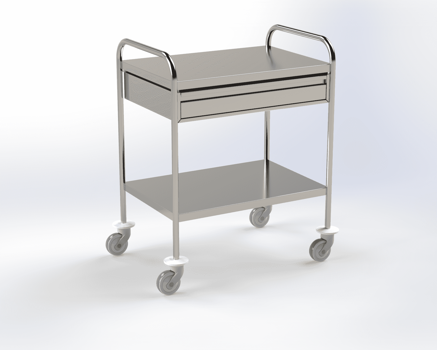 Guéridon 2 plateaux inox, bords tombés, 750x500mm avec poignées et un tiroir en inox (650x410x80mm)