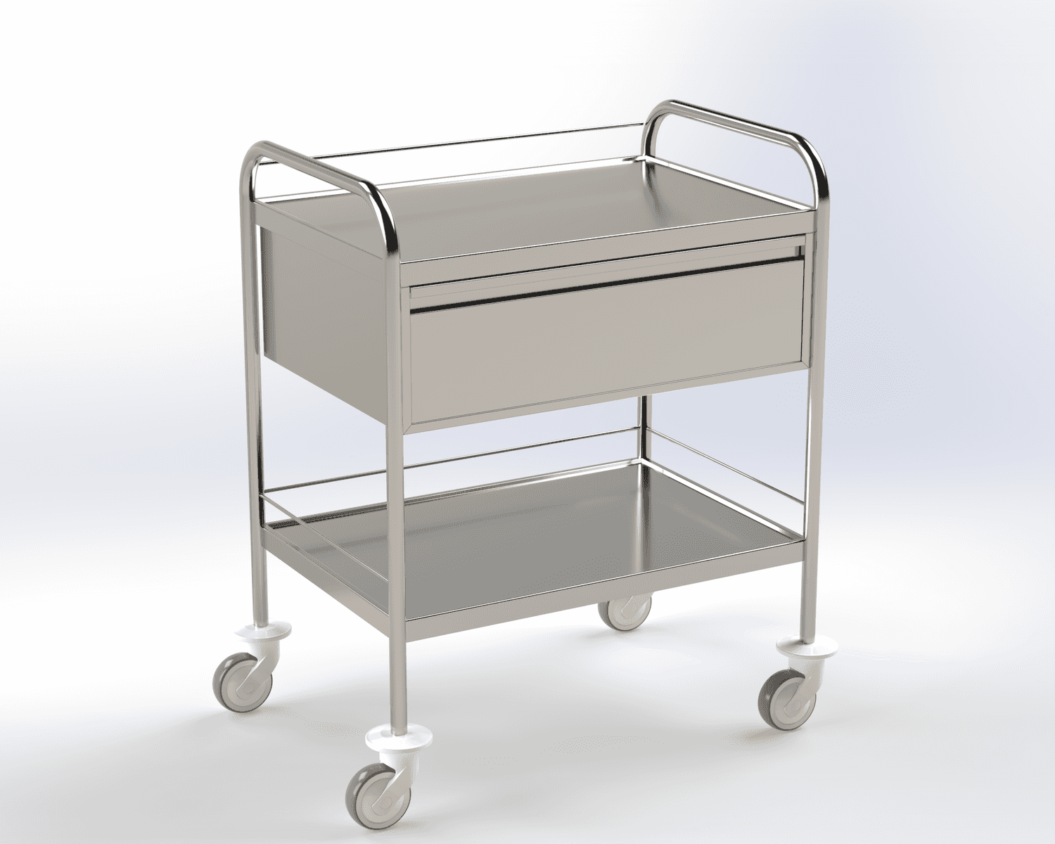 Guéridon 2 plateaux inox avec poignées, bords relevés, avec galeries en longueur sur fond plateau supérieur et 3 galeries sur plateau inférieur et un tiroir, dimension 750x500cm