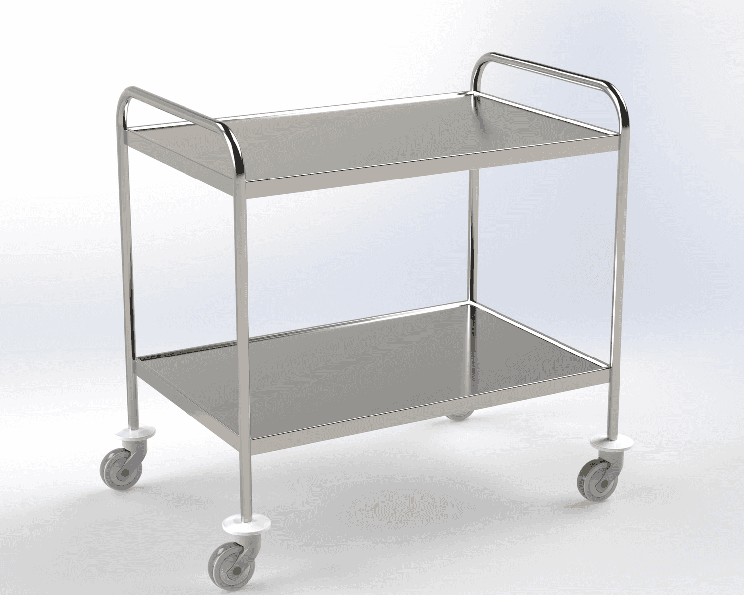 Guéridon 2 plateaux inox, bords relevés, bâti tube poli, roulettes diam 100mm, 900 x 600 x 960mm (LxPxH)