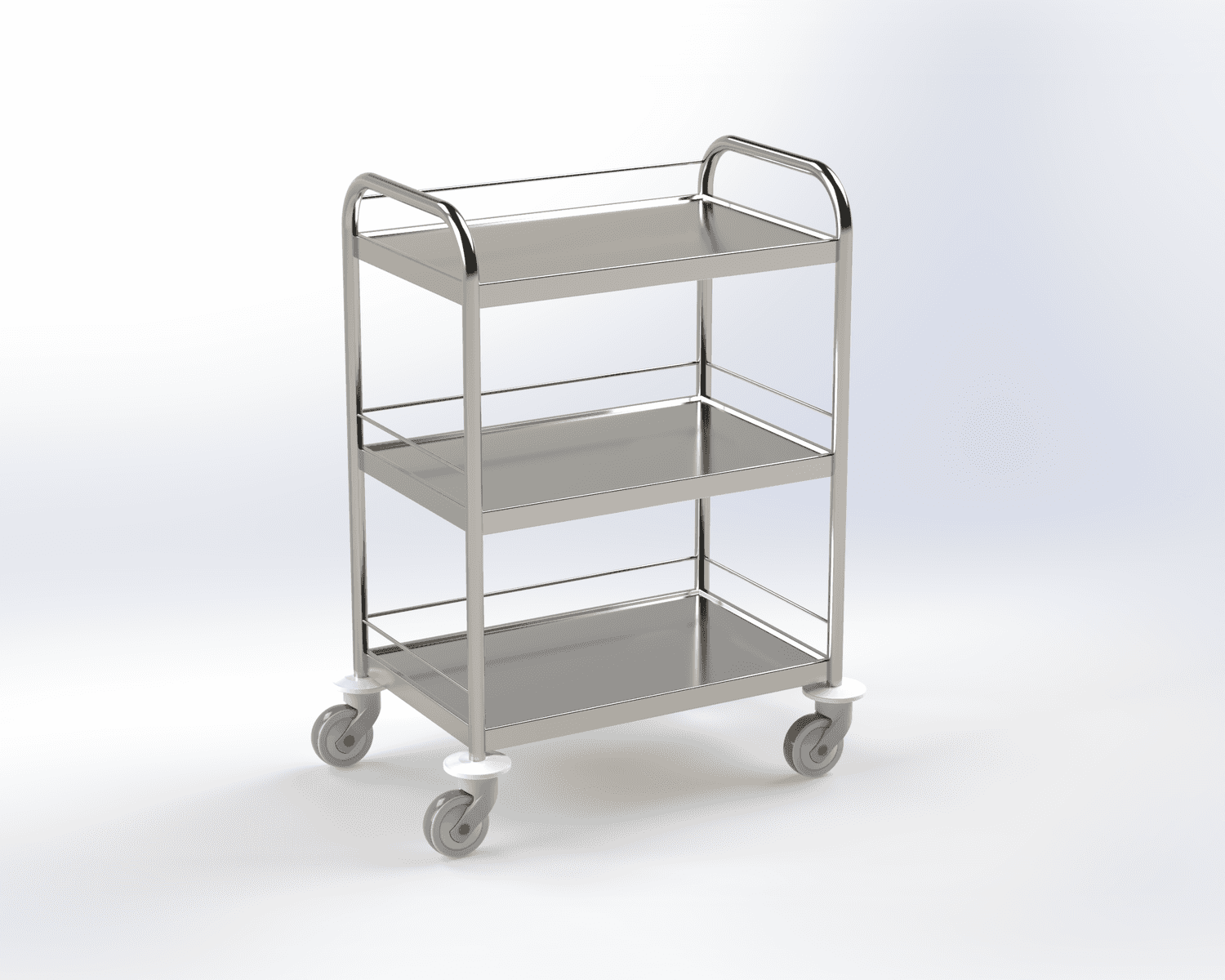 Guéridon 3 plateaux inox, bords relevés, 600x400mm avec poignées et galeries