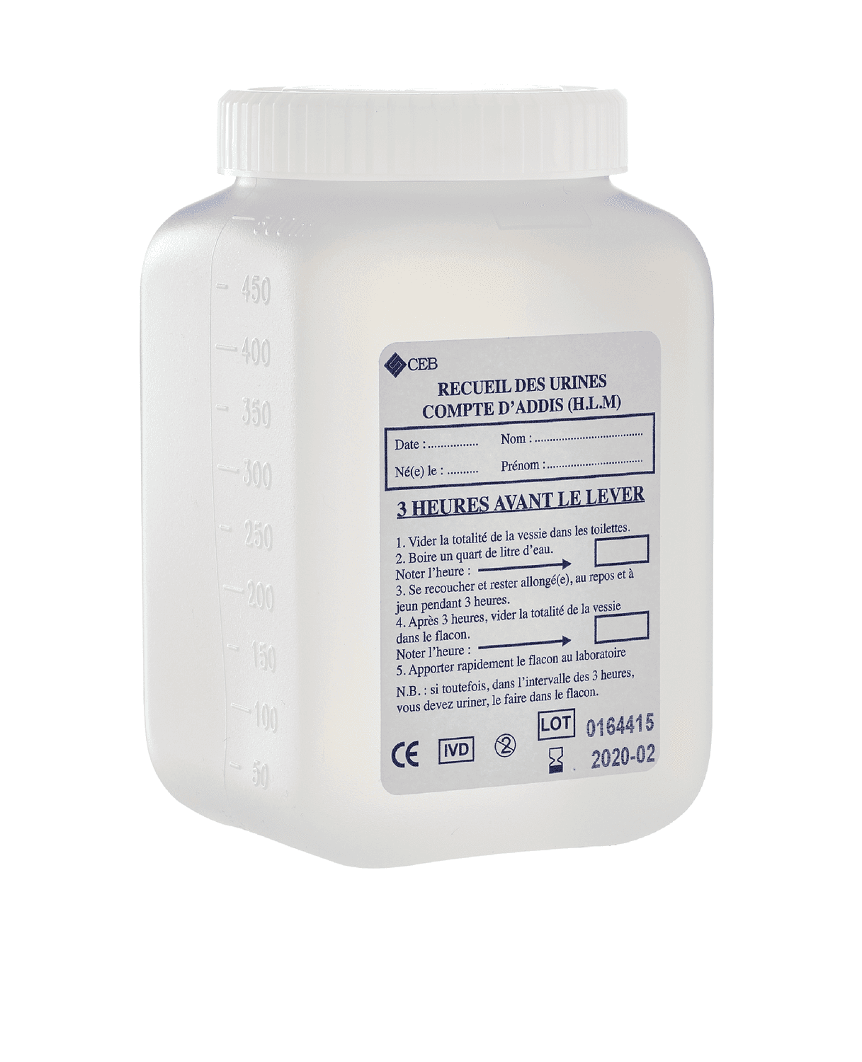 Flacon pour Compte d'Addis 500ml en PEHD naturel gradué cape blanche auto-jointante avec étiquette protocole recueil