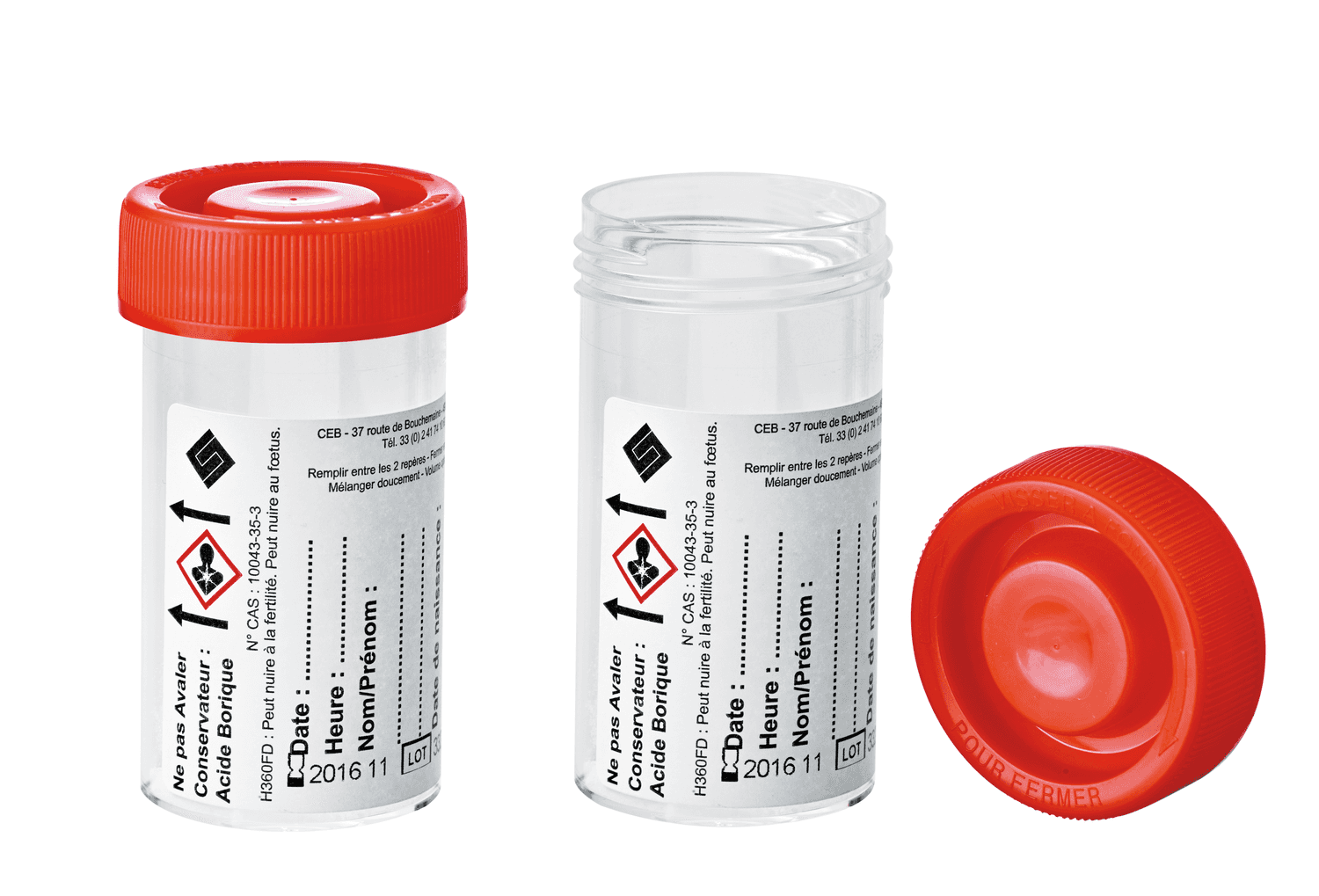 Flacon 60ml en polystyrène transparent avec conservateur (acide borique) cape à vis rouge stérile R résistant 95 kPa