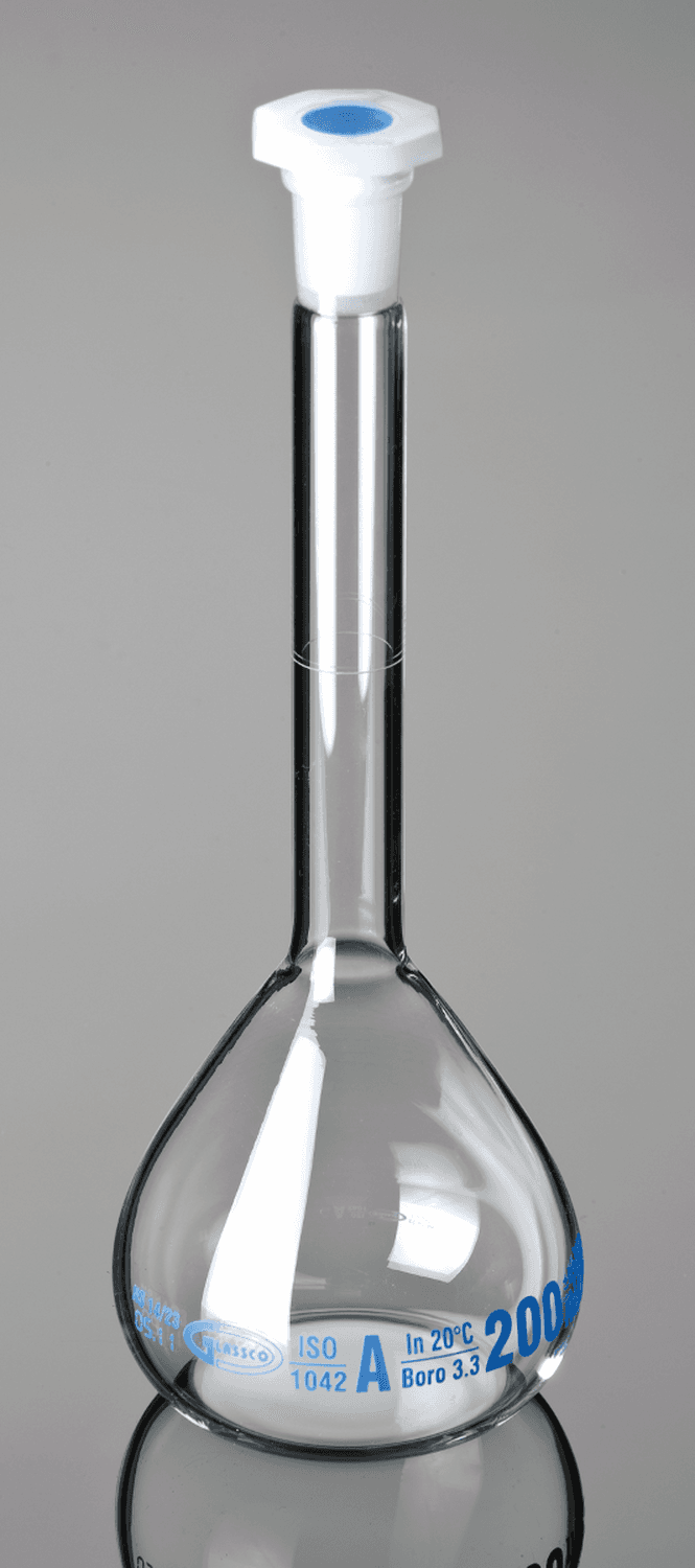 Fiole jaugée en verre Glassco classe A col rodé avec bouchon en polyéthylène
