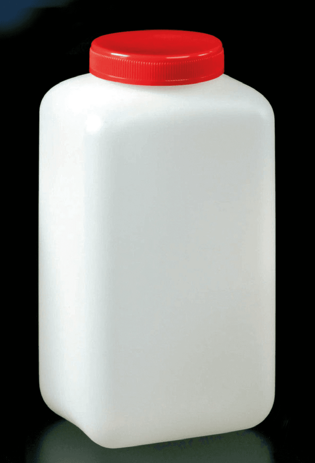 Flacon 1L en polyéthylène carré cape à vis rouge double fermeture diam.ouverture 50mm