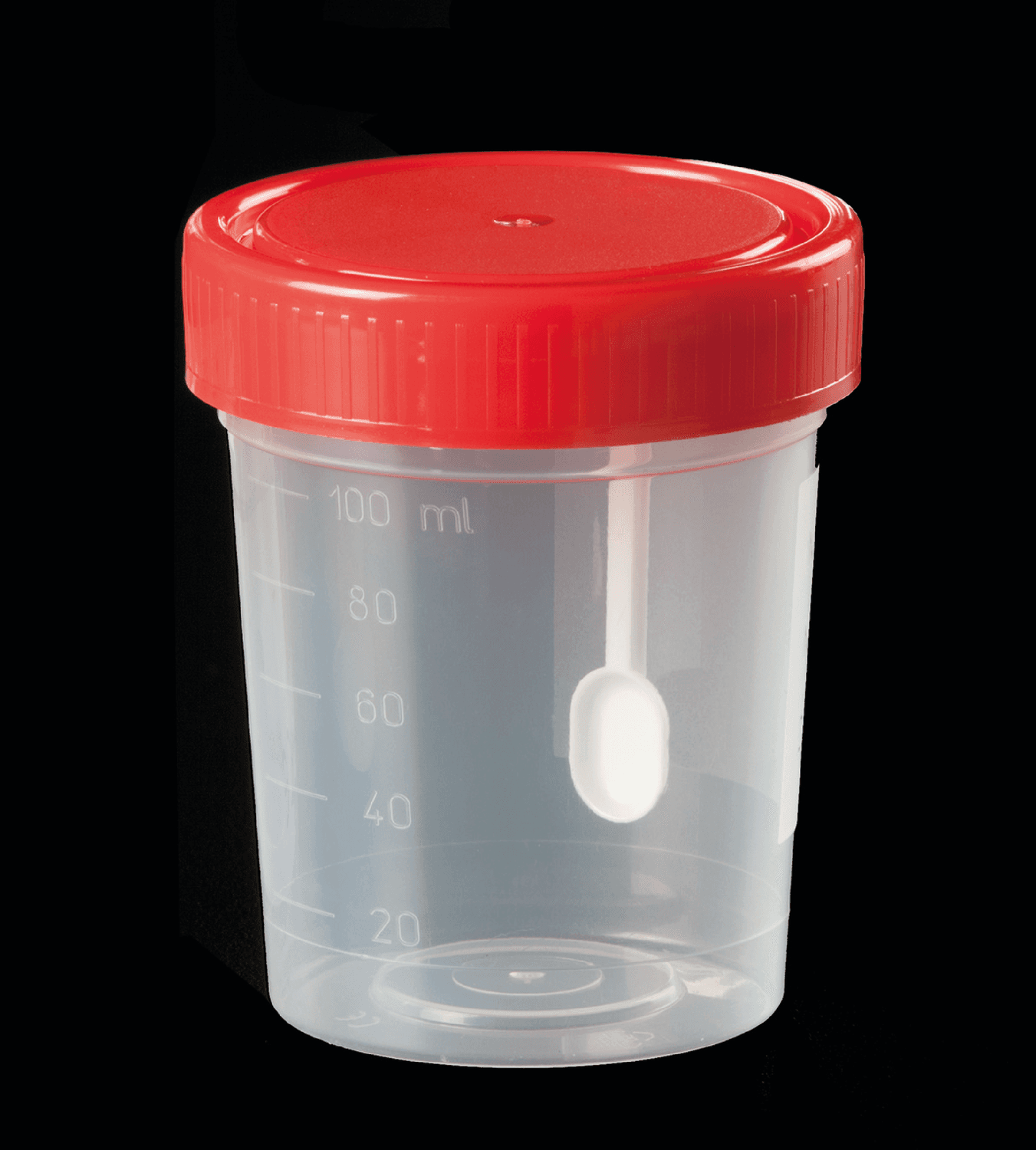 Pot pour coprologie 120ml en polypropylène gradué cape à vis rouge avec spatule