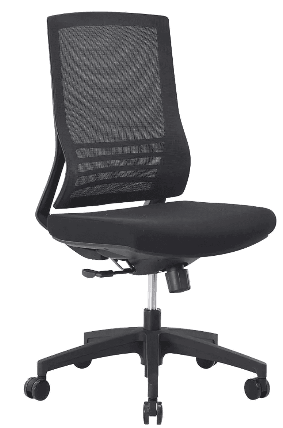 Siège bureautique Gower, assise tissu noir, dossier filet noir, pied nylon, roulettes