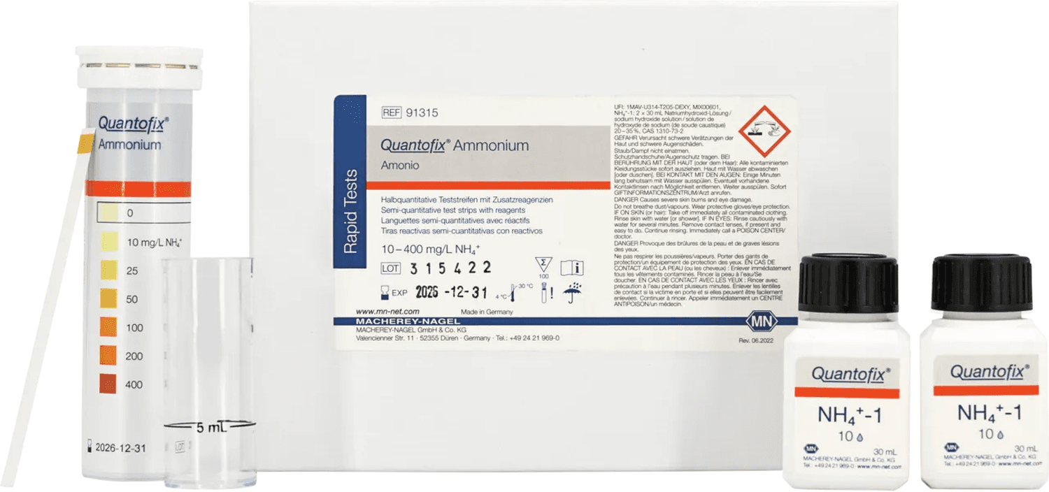 Test Quantofix® Ammonium 0-10-25-50-100-200-400mg/L NH4, 100 bandelettes