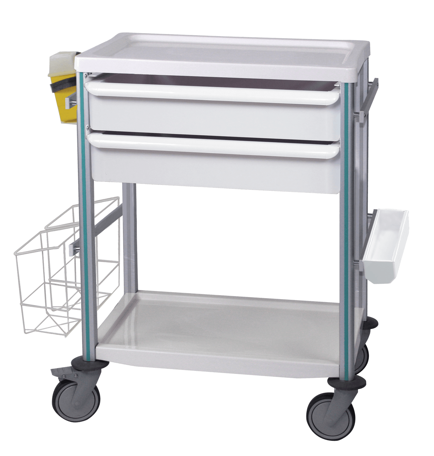 Guéridon Agily 600x400 équipé de : 1 tablette supérieure en thermoplastique 1 tablette inférieure en thermoplastique 2 tiroirs H. 115 mm avec glissières 4 rails normalisés 1 casier de rangement 1 support récupérateur d’aiguilles 1 poubelle mobile double