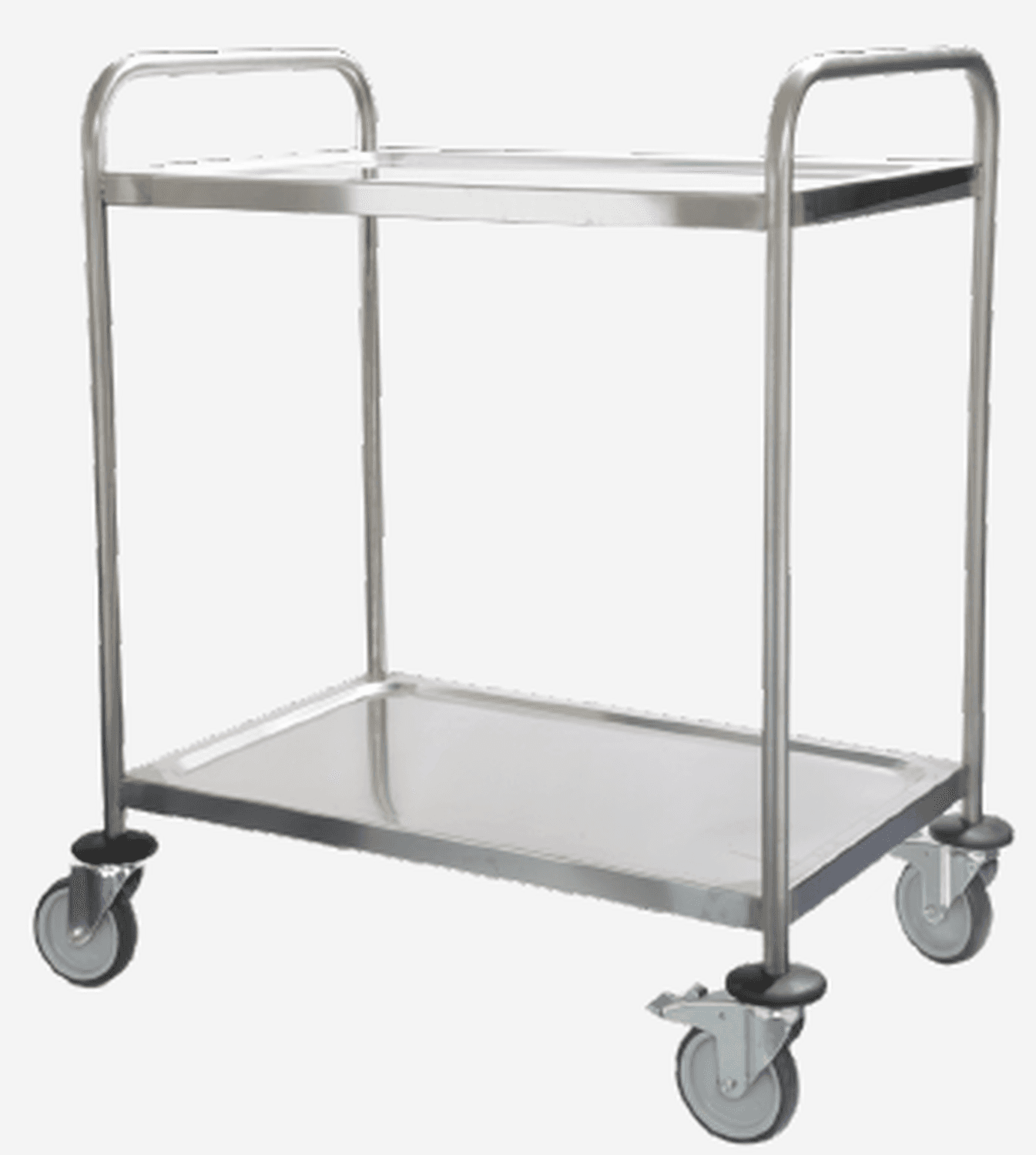Chariot de manutention 2 plateaux, inox, roulettes 125mm à butoirs dont 2 avec frein, 880 x 580 x 1015mm (LxPxH)