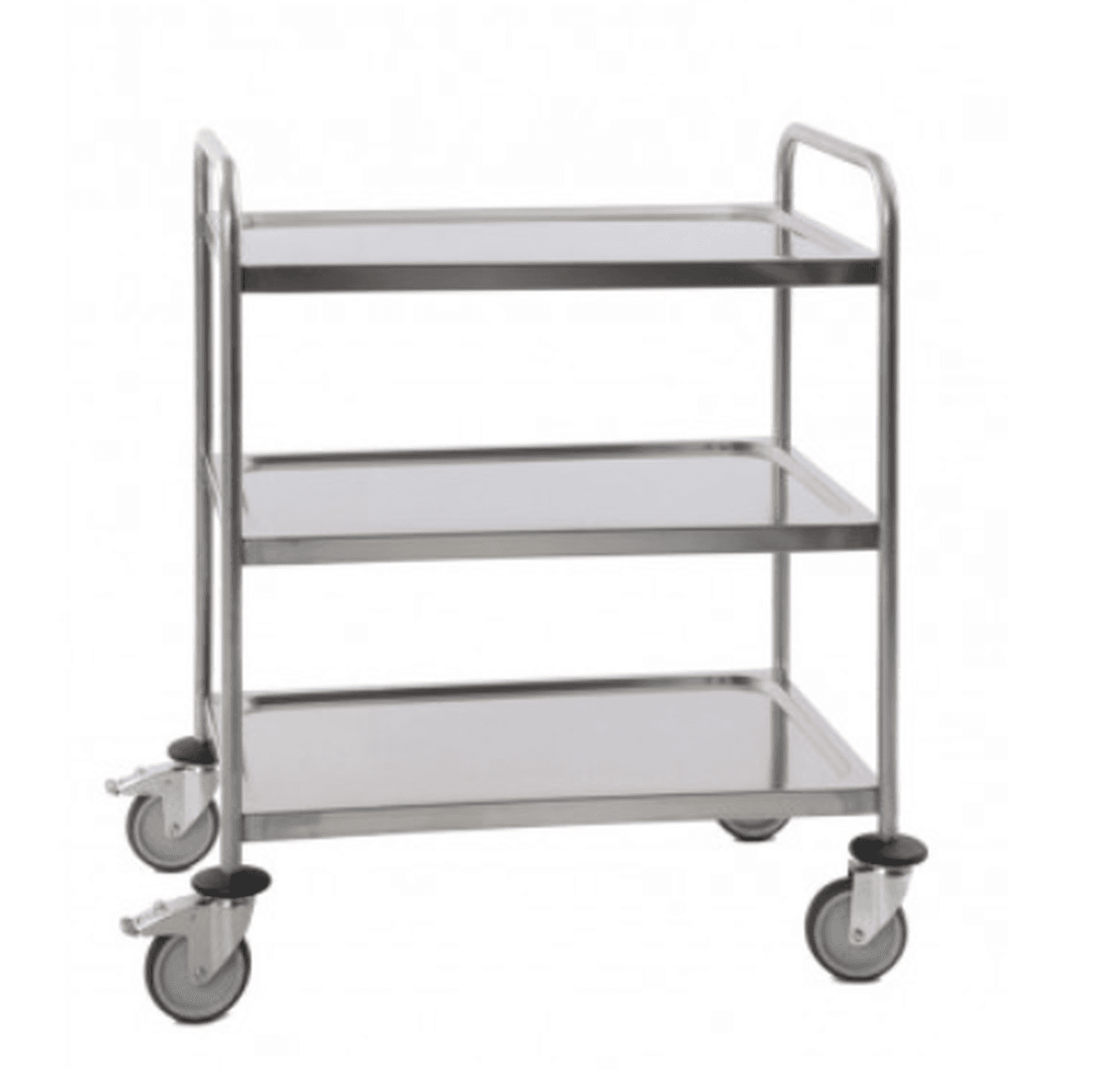 Chariot de manutention 3 plateaux, inox, roulettes 125mm à butoirs dont 2 avec frein, 880 x 580 x 1015mm (LxPxH)