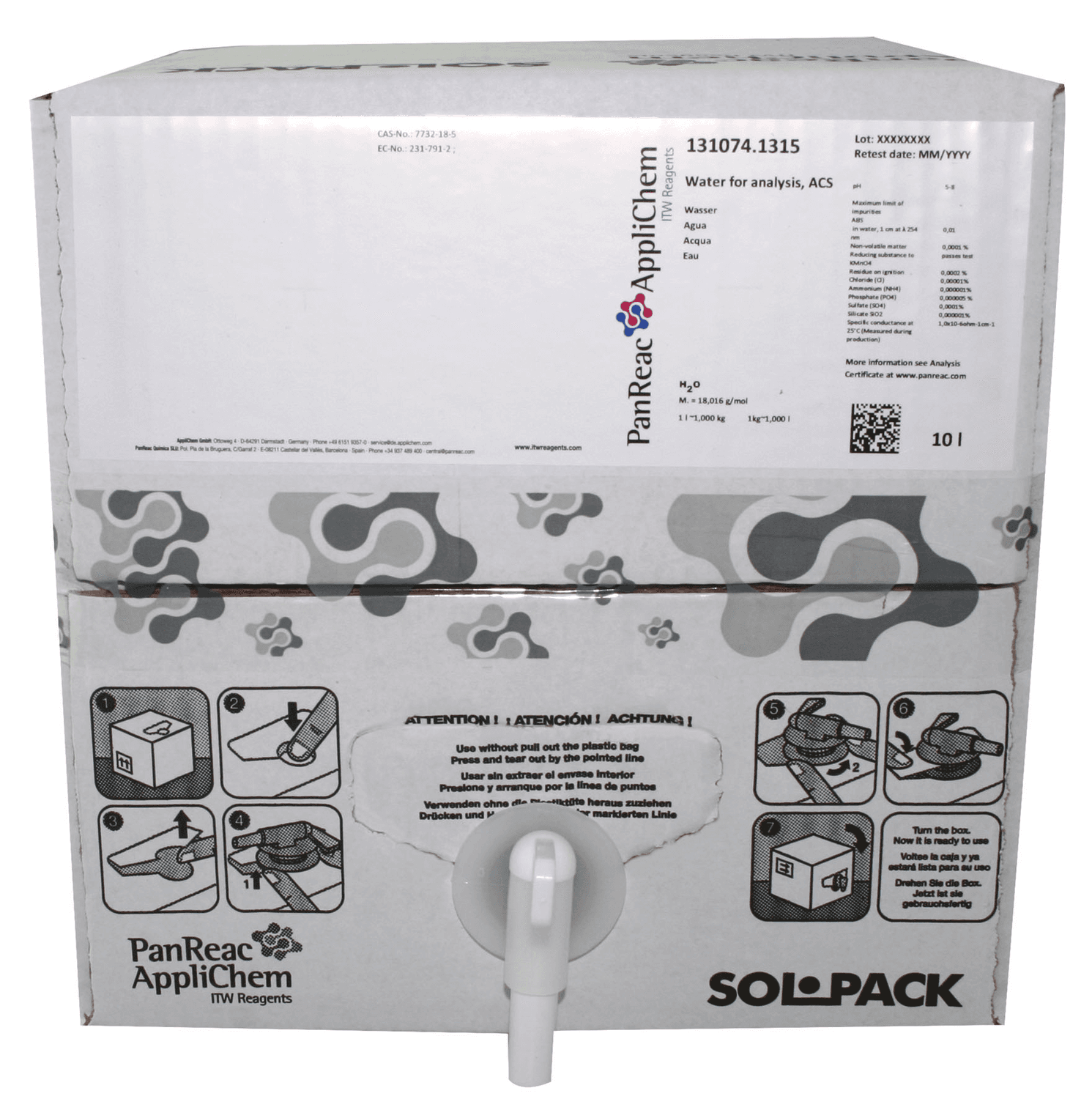 Eau purifiée pour analyses Panreac, 10L
