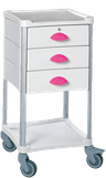 Guéridon Résine®, aluminium, 2 plateaux, 3 tiroirs 100mm (H), serrure, PVC, poignée fuschia, roulettes, 500 x 500 x 985mm (LxPxH)