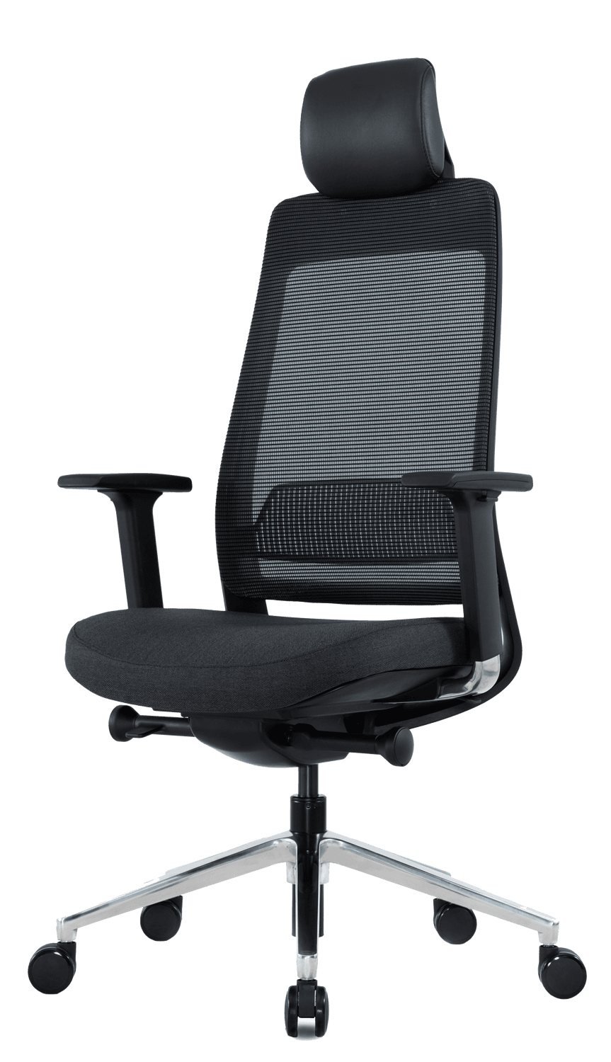 Fauteuil bureautique Fairfax, assise tissu anthracite, dossier filet noir, accoudoirs 4D, pied aluminium poli, roulettes, têtière
