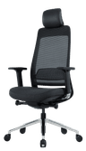 Fauteuil bureautique Fairfax, assise tissu anthracite, dossier filet noir, accoudoirs 4D, pied aluminium poli, roulettes, têtière