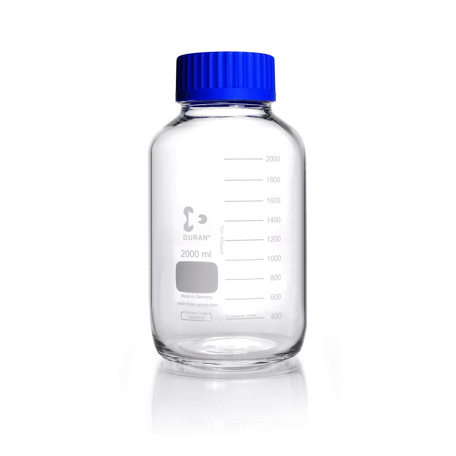 Flacon en verre Duran® 2L gradué col large GL80 avec bouchon à vis et bague de déversement en polypropylène