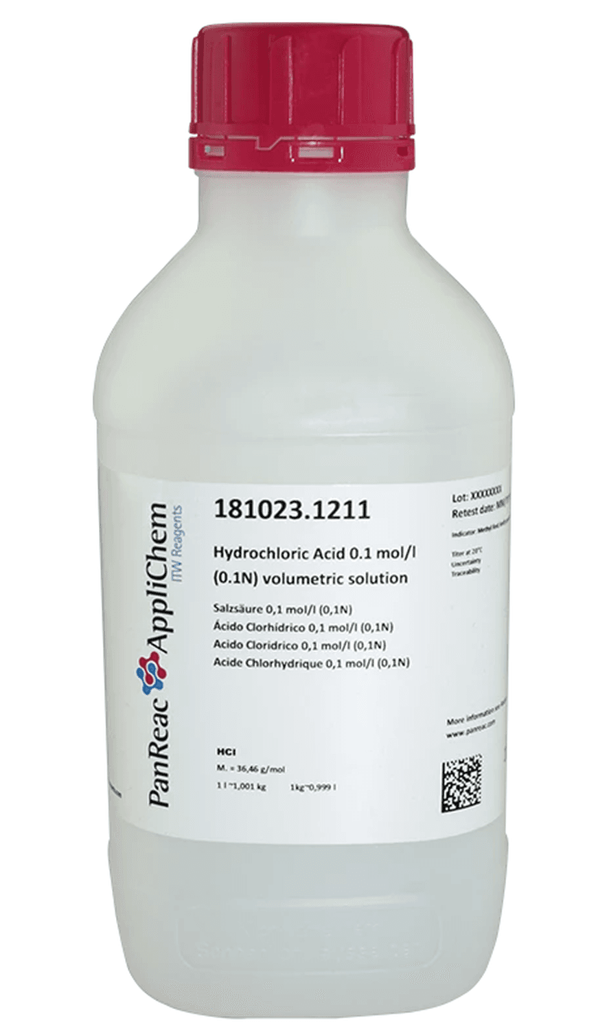 Acide chlorhydrique 0,1mol/L (0,1N) Panreac, flacon en polyéthylène, 1L