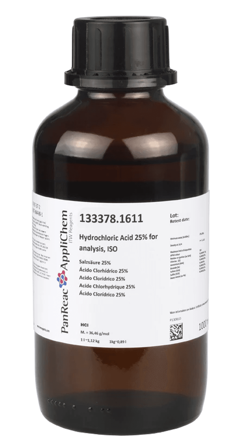 Acide chlorhydrique 25% pour analyses ISO Panreac, flacon en verre, 1L