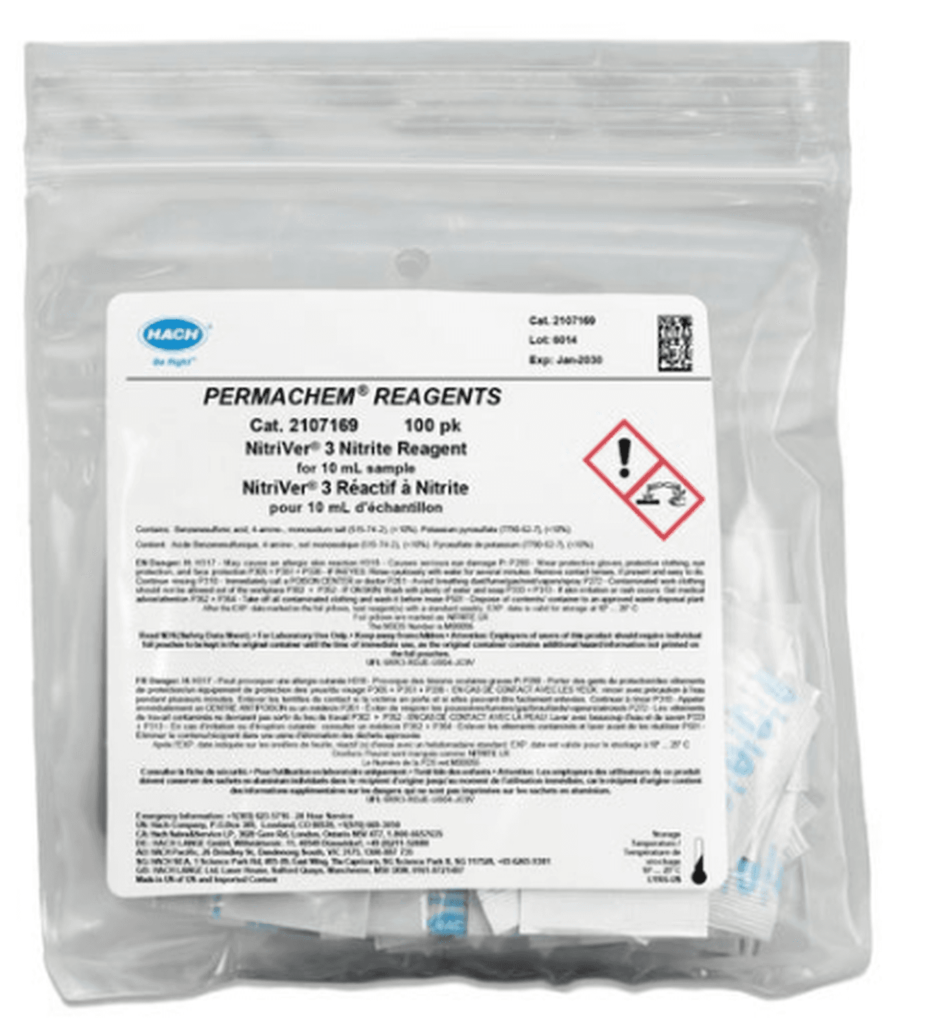 Réactif NitriVer 3 pour Nitrite 0,002 à 0,3mg/L NO2-N Hach, sachets de poudre