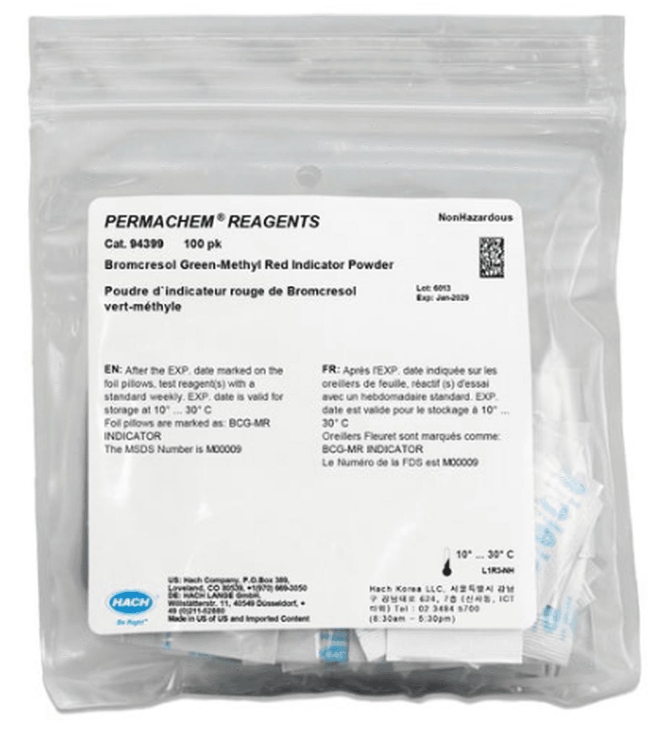 Réactif indicateur Vert de Bromcrésol - Rouge de Méthyl Hach, sachets de poudre