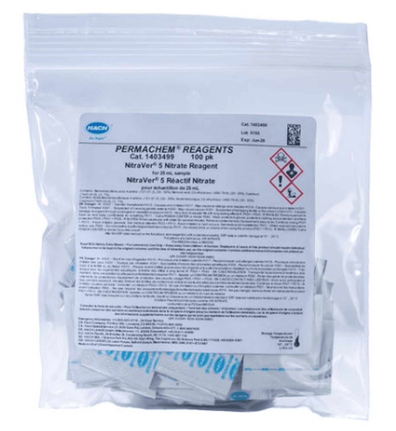 Réactif NitraVer 5 pour Nitrates 0,1 à 10mg/L NO3-N Hach, sachets de poudre
