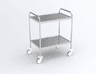 guéridon 2 plateaux inox, bords relevés, bâti tube poli, roulettes diam 100mm, 750 x 500 x 960mm (lxpxh)