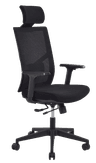 Fauteuil bureautique Zack, assise tissu noir, dossier filet noir, accoudoirs 3D, pied nylon, roulettes, têtière