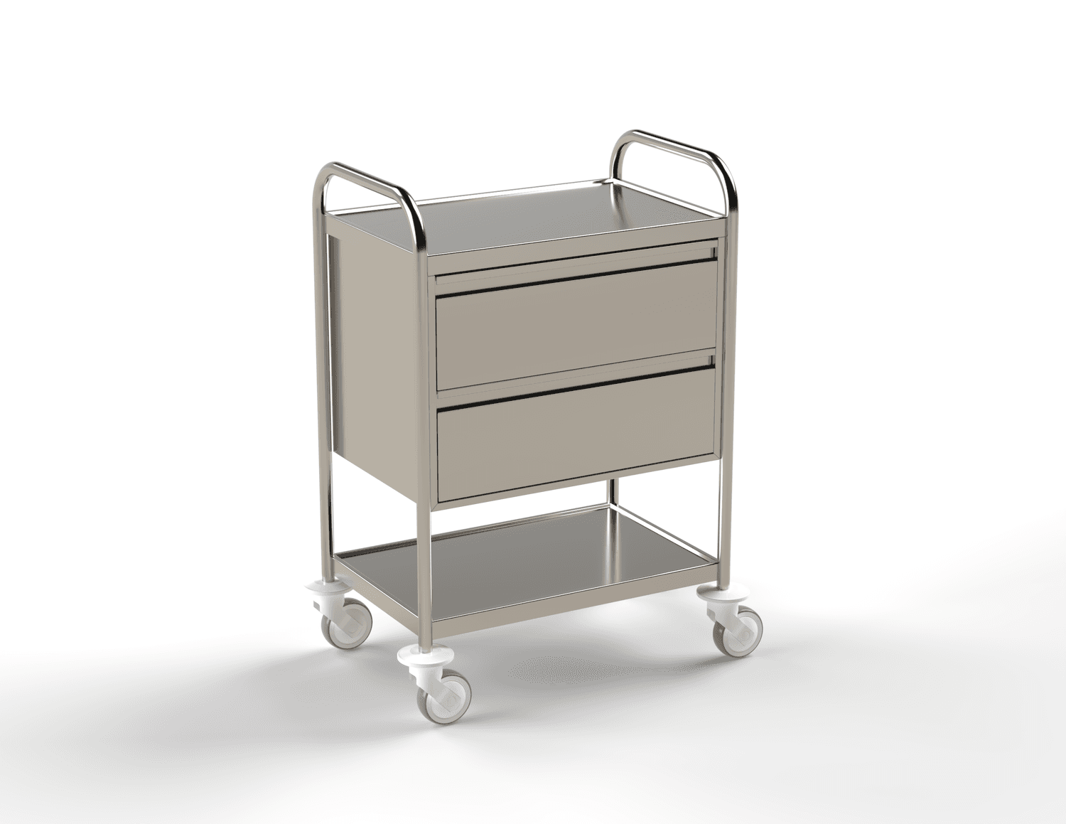 Guéridon 2 plateaux inox, bords relevés, 600x40mm0 avec poignées et deux tiroirs en inox